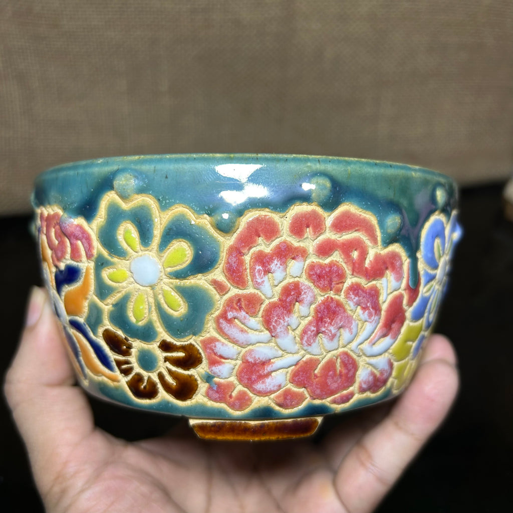 Unique Bonsai tree pot, colorful flower carving and craft,  shohin size 5.5"