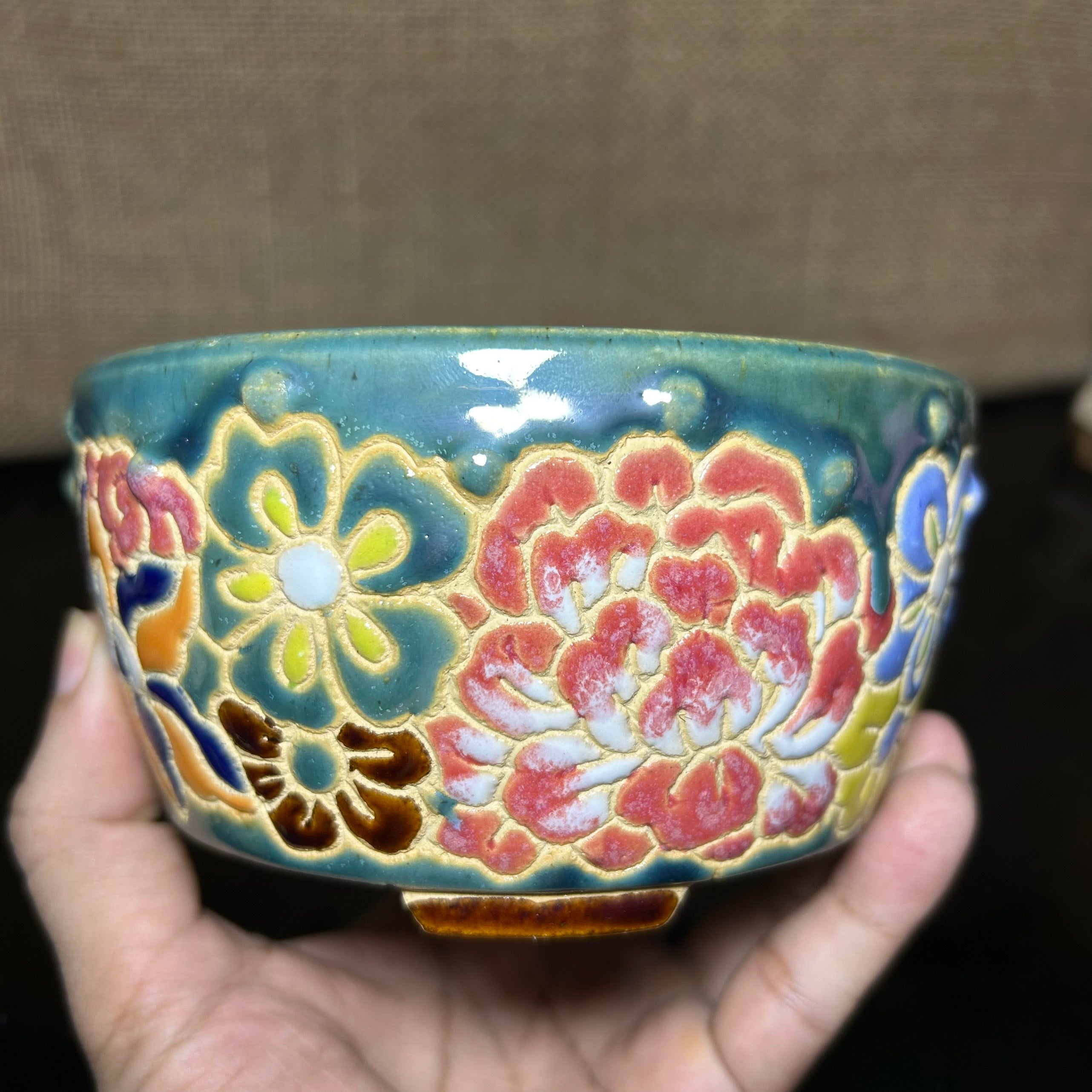 Unique Bonsai tree pot, colorful flower carving and craft,  shohin size 5.5"